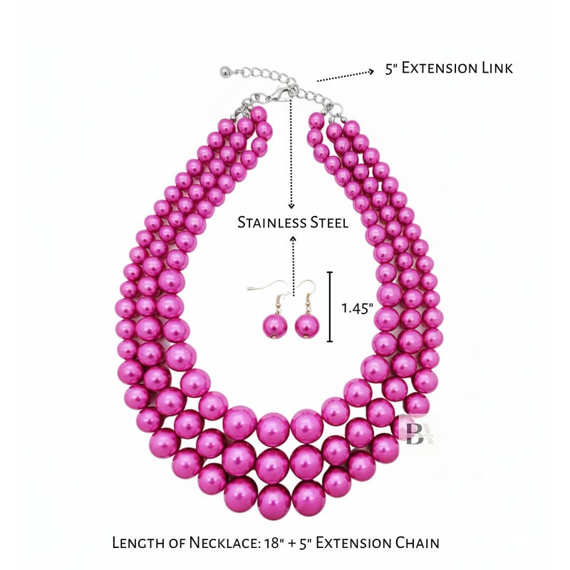 Fashion 21 Women's Faux Pearl Three Multi-Strand Statement Necklace and Earrings Set (Hot Pink) - Image 5